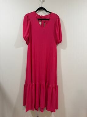 Hot pink Crepe Waffle Knit V-Neck Tie Back Detail Puffed Short Sleeve